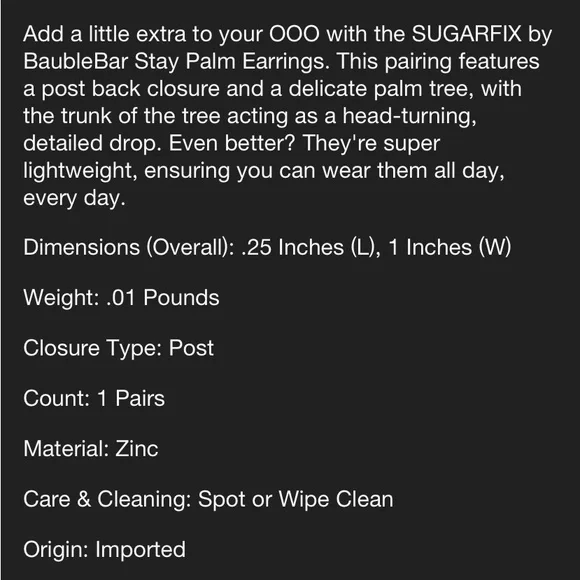 SUGARFIX by BaubleBar 'Stay Palm'
Statement Earrings Pam Tree NWT - Picture 3 of 6